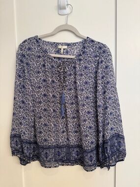Joie Blue and White Floral Tie-Front Peasant Blouse